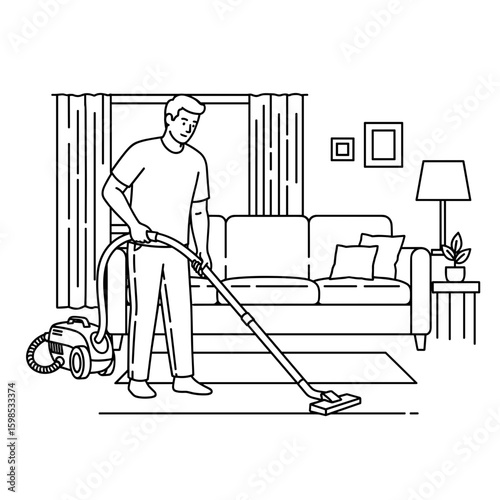 Man vacuuming the carpet in a cozy living room