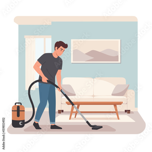 Man vacuuming the living room floor with a vacuum cleaner, colorful illustration, clean home, copy space