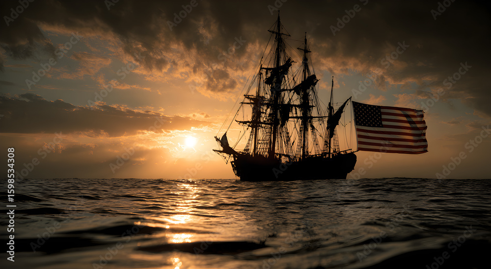 Obraz premium A large ship sails in the ocean with a flag on the mast