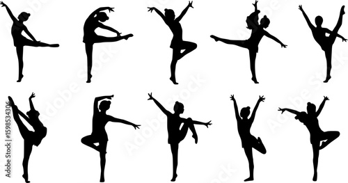 silhouettes of gymnastic poses black silhouette of asport women gymnastics girl silhouette Gymnast girl silhouette isolated