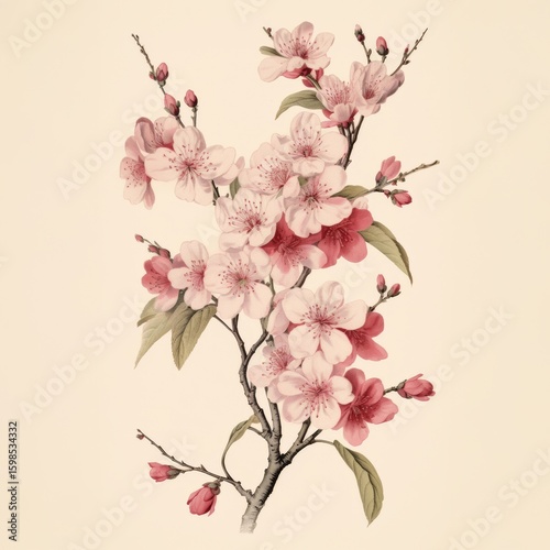 Wallpaper Mural Charming detailed illustration cherry blossom branch, light pink-red flowers, green leaves, beige background. Torontodigital.ca