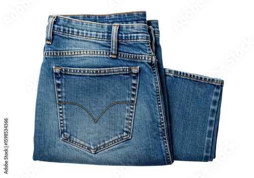 A pair of folded blue denim jeans with visible stitching and pockets isolated on transparent background