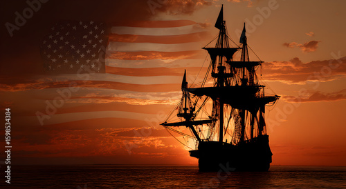 Fototapeta Naklejka Na Ścianę i Meble -  A large ship is sailing in the ocean with the American flag in the background