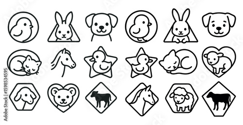 Collection of animal icons, including a dog, cat, rabbit, and horse. The icons are all black and white, and they are arranged in a grid. Scene is playful and whimsical
