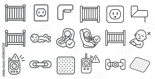 Collection of baby items including a crib, car seat, and a baby monitor. The items are all black and white