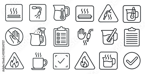 Set of icons for kitchen appliances and safety signs. The icons include a coffee cup, a toaster, a knife, a spoon, a bowl, a cup, a spoon, a knife, a cup, a bowl, a spoon