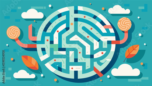 A mazelike illustration of tangled lines and shapes symbolizing the journey towards healing and clarity of the mind through neurographic art.. Vector illustration