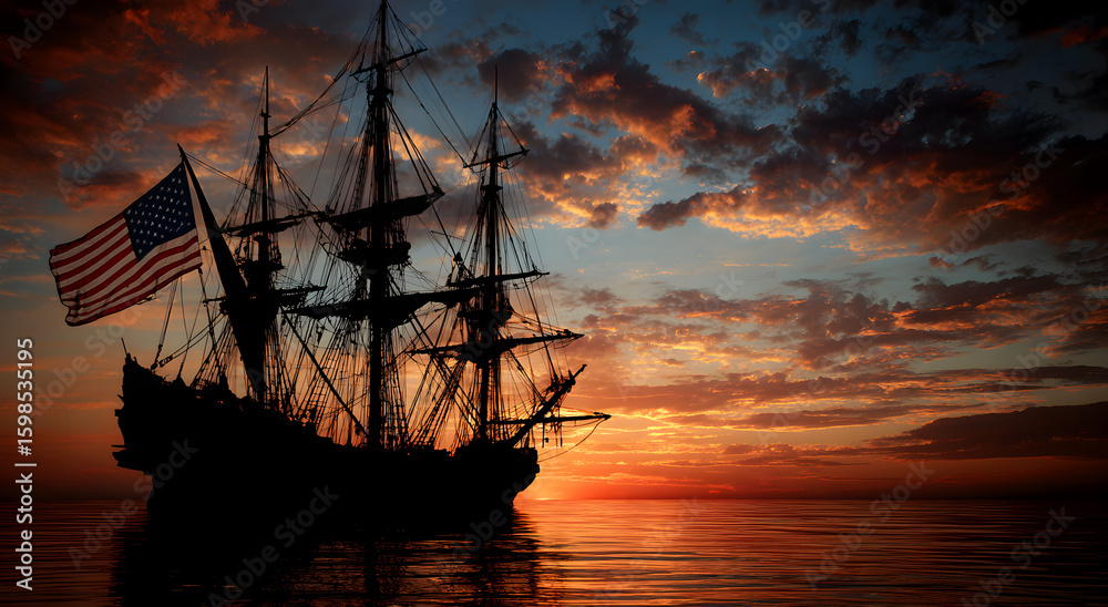 Obraz premium A large ship sails in the ocean with a flag on the mast