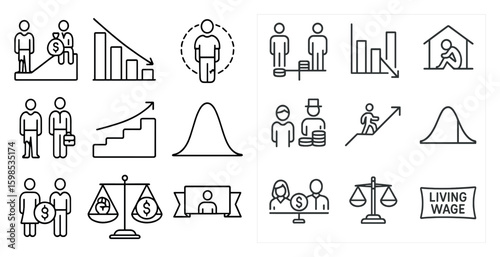 Set of icons that include a scale, a graph, a person with a briefcase, a person with a hat, a person with a backpack, a person with a suitcase, a person with a tie, a person with a book, a