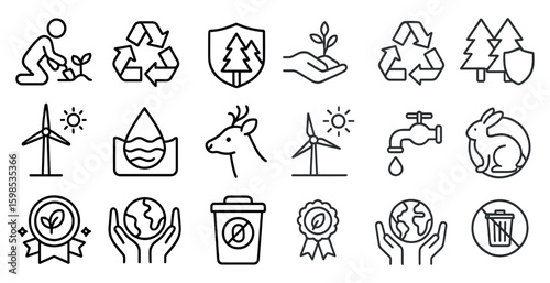 Series of icons for environmental protection. The icons include a person planting a tree, a deer, a windmill, a tree, a person holding a tree, a person holding a water bottle, a person holding a cup