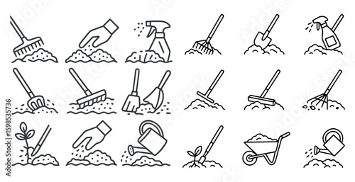 Set of tools for gardening and yard work. The tools include a rake, a shovel, a wheelbarrow, a watering can, and a spray bottle