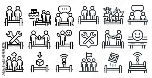 Series of black and white icons depicting various activities and interactions between people. The icons include a handshake, a smiley face, a person fixing something, and a person sitting on a bench