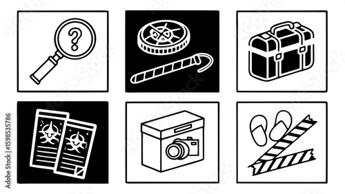 A grid of professional icons focused on crime scene investigation elements, including a magnifying glass over a footprint, police tape, evidence boxes, forensic kits, camera, and crime maps — drawn in
