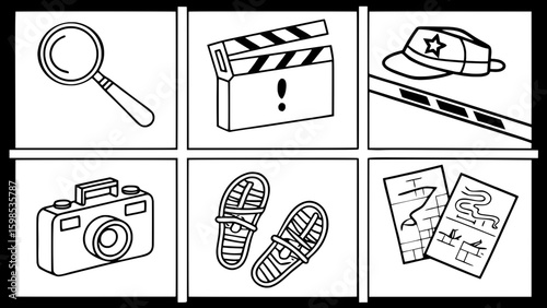 A grid of professional icons focused on crime scene investigation elements, including a magnifying glass over a footprint, police tape, evidence boxes, forensic kits, camera, and crime maps — drawn in