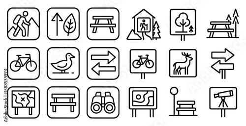 Set of icons for a park or outdoor area. The icons include a bench, a bicycle, a duck, a deer, a bicycle path, a sign, a bench, a bicycle, a sign, a bench, a bicycle