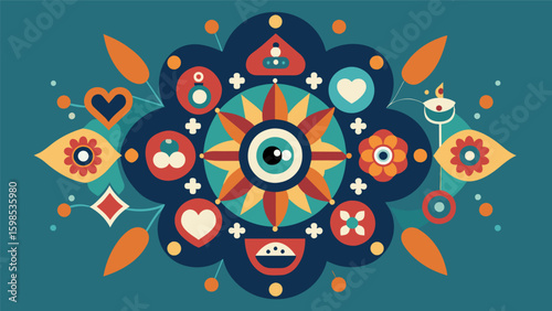 A mandala incorporating symbols and imagery from different cultures creating a unique tool for aiding focus and reducing symptoms of ADHD.. Vector illustration