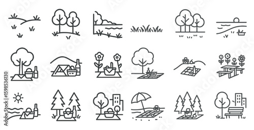 Series of images of parks and outdoor spaces. The first image shows a park with a picnic table and a bench