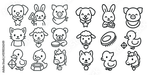 Collection of cute animal faces in black and white. The animals include a dog, a cat, a pig, a rabbit, a horse, a duck, a sheep, a bear, and a cat