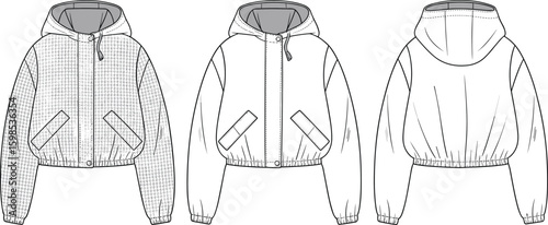 Cropped hooded jacket front and back, houndstooth design, fashion illustration, winter outerwear sketch, stylish garment drawing, clothing concept