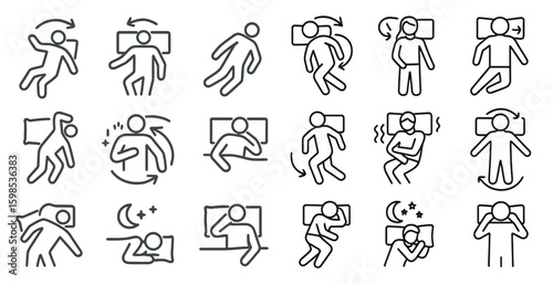 Series of cartoonish drawings of people in various positions, including sleeping, lying down, and sitting. The drawings are all in black and white and are arranged in a grid