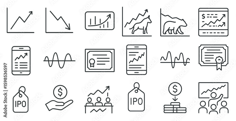 Fototapeta premium Set of icons for financial graphs and charts. The icons include a bear, a cell phone, a tablet, a dollar sign, a graph, a chart, a person, a hand, a price tag, and a person pointing