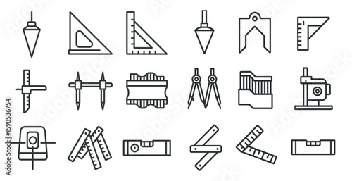 Collection of tools and measuring instruments. The tools include a tape measure, a ruler, a level, and a protractor. The instruments are all lined up in a row, with some overlapping each other