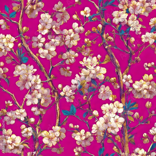 Seamless Pattern of White Cherry Blossoms on Magenta
