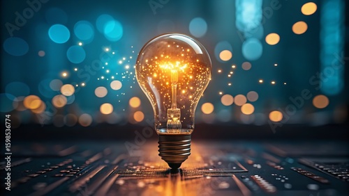Illuminated lightbulb on circuit board with glowing particles signifies innovation and creativity
