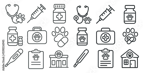 Set of medical symbols including a stethoscope, syringe, and medicine bottles. The symbols are arranged in a grid and are all in black