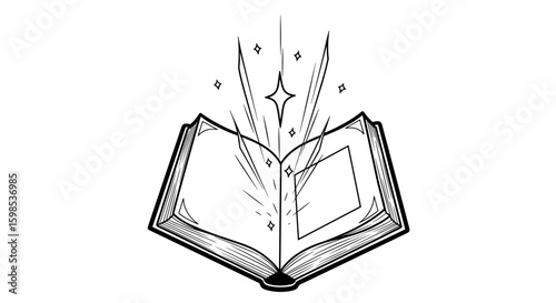 Magical sparks emanating from an open book, black and white illustration, whimsical design, copy space