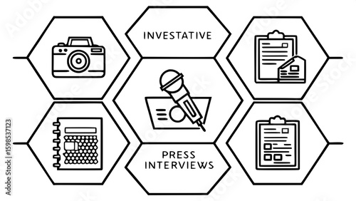 A symmetrical layout of black outline icons representing investigative journalism themes, such as a typewriter, camera, hidden microphone, documents under review, interviews, and press credentials — a