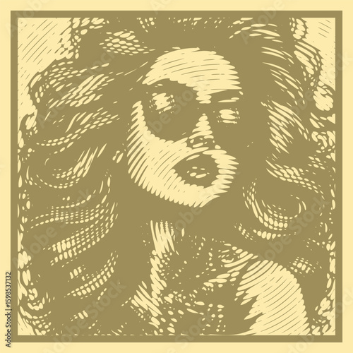 olive color fashionable woman with tattoo voluminous hair wearing stylish sunglasses, canvas template, stamp lined halftone decor vector