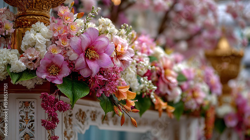 Close up of a floral arrangement with pink and white flowers on an ornate white surface decoratively