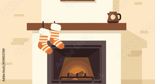 A cozy fireplace with stockings and a teapot on the mantelpiece above it