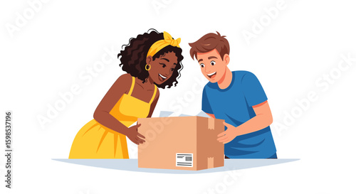 Two people excitedly opening a cardboard box with white paper inside it