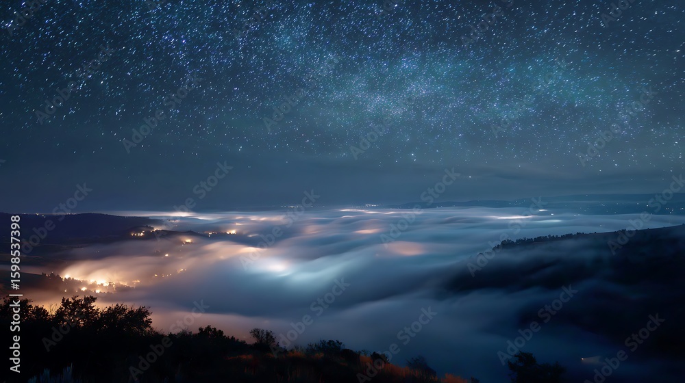 Naklejka premium Starry night sky meets fog-covered valley. Scenic landscape for travel, web design, and marketing.