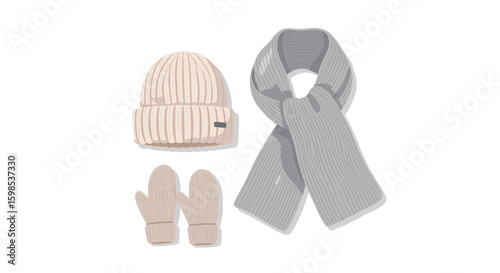 Illustration showing a winter set of hat scarf and mittens in light colors