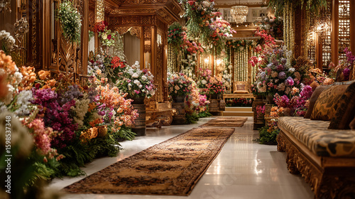 A lavish hall decorated with flowers and ornate gold structures for an event or celebration