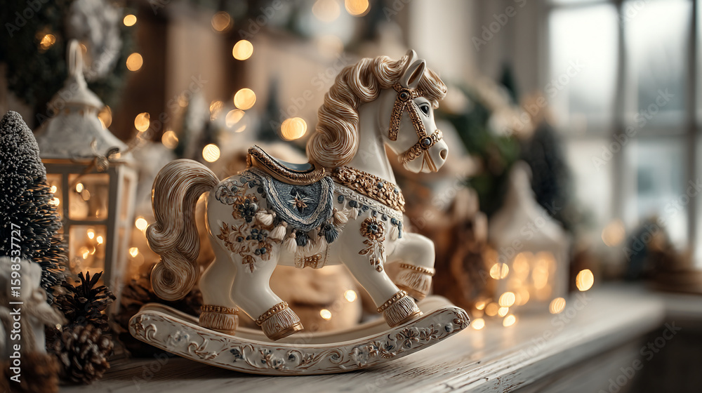 Fototapeta premium A decorative rocking horse with christmas lights and other decorations in a festive setting indoors