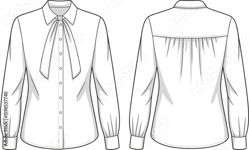Elegant white blouse with bow tie, front and back view, buttoned cuffs, fashion illustration, stylish design, long sleeves, garment drawing, modern clothing