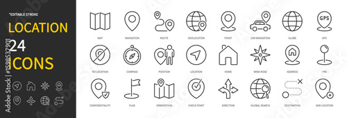 Location icon set. Map, navigation, geolocation, point, globe, gps, compass, position, wind rose, home, address, pin, orientation, direction, global search, etc. Vector illustration. Editable stroke.
