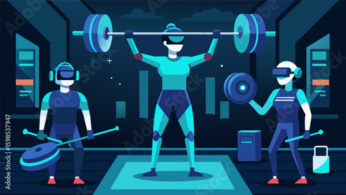 A futuristic gym setting where users wear VR suits and engage in virtual weightlifting pushing their bodies to the limit with the added element of. Vector illustration