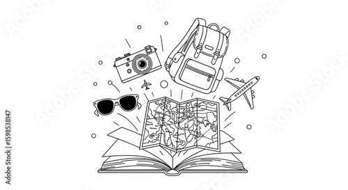 Travel-themed open book with a map, camera, backpack, and airplane, black and white illustration, copy space