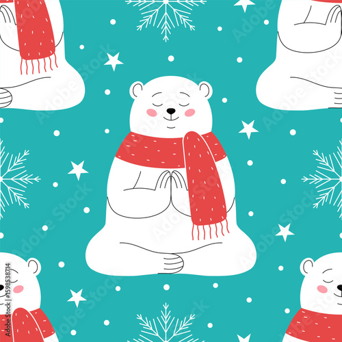 Seamless winter pattern with cute white bear