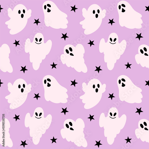 Cute seamless pattern with ghosts and black stars on a purple background.