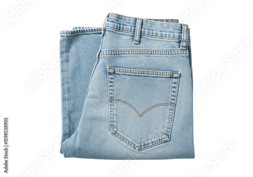 A pair of light blue denim jeans neatly folded showing the back pocket detail isolated on transparent background