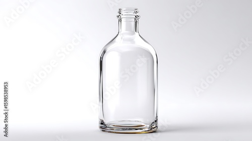 Empty glass bottle stands on white. Represents clean, minimalist design, emptiness, potential. Useful for product mockups, design, web, editorial.