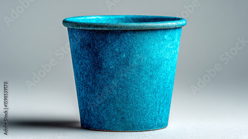 A simple turquoise ceramic pot with a textured surface sits on a neutral colored surface