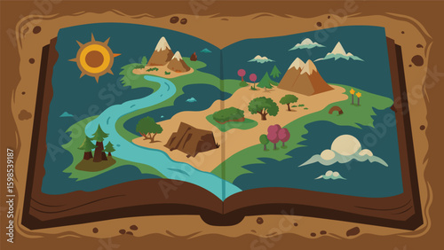 A cartographers map of a magical realm featuring mythical creatures and ethereal landscapes crafted onto the pages of a rustic leatherbound journal.. Vector illustration