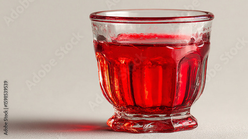 A faceted glass filled with a vibrant red liquid sitting on a plain white surface in a studio shot
